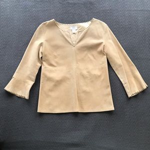 Ann Taylor LOFT 100% Leather Suede Top Split Neck Contrast Stitching 6 Vintage